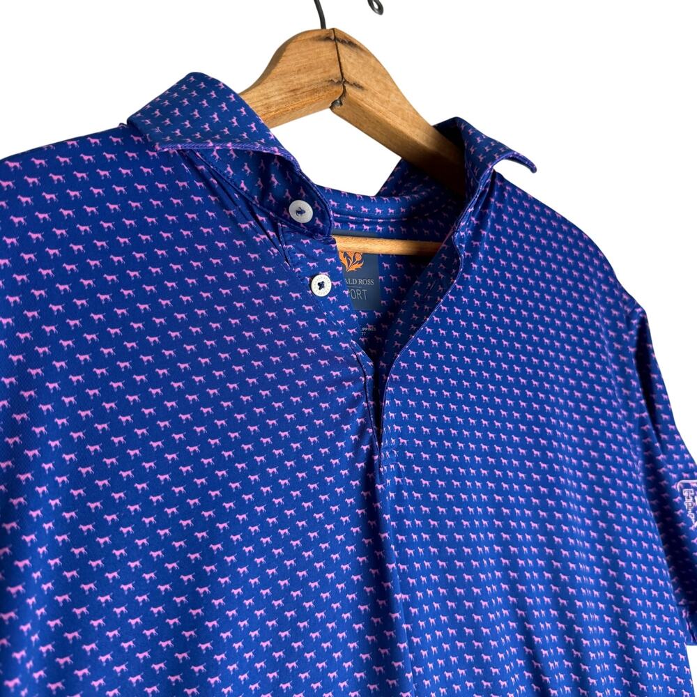 Mens Medium Donald Ross Sport Polo Shirt golf Blue Pink TPC Scottsdale Dog print